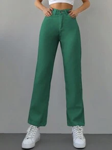 Cottnline Zipper Fly Cropped Jeans - Green - View 3