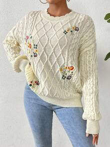 SHEIN VCAY Thêu hoa Xoắn Dan Thả vai Áo len - Màu be - Xem 3