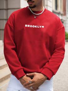 Men Letter Graphic Drop Shoulder Sweatshirt - Red - View 1