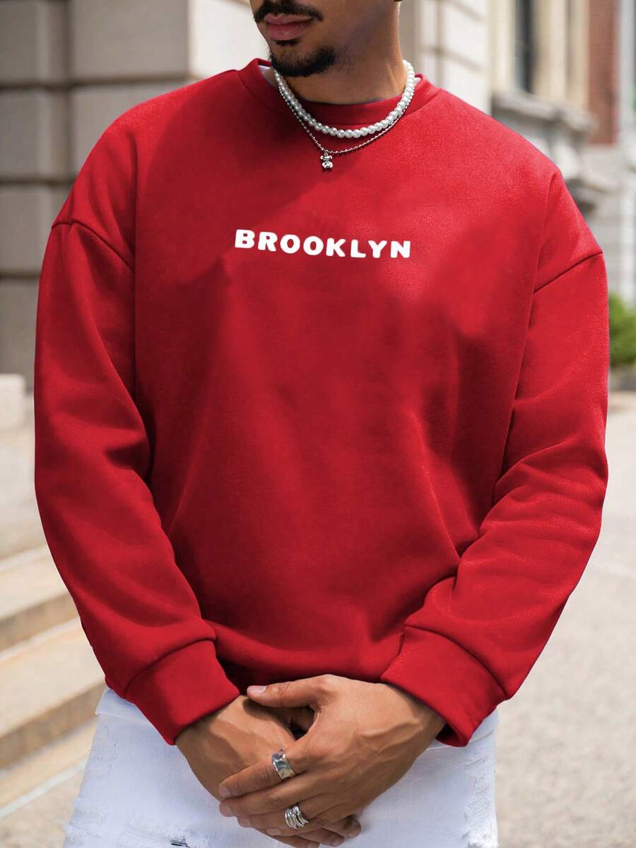 Men Letter Graphic Drop Shoulder Sweatshirt - Red - View 1