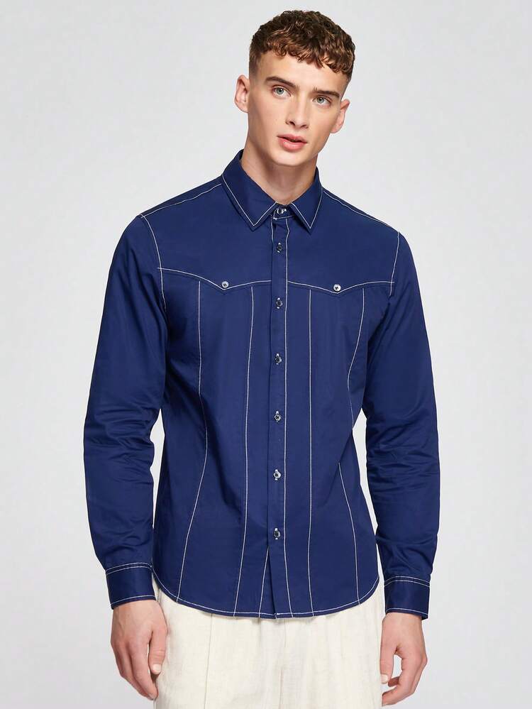 Loose Fit Men's Button Front Contrast Piping Shirt
