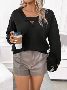 SHEIN LUNE Plus Cut Out Drop Shoulder Sweater Knit Pullover Fall Winter Sweater - Black - View 1