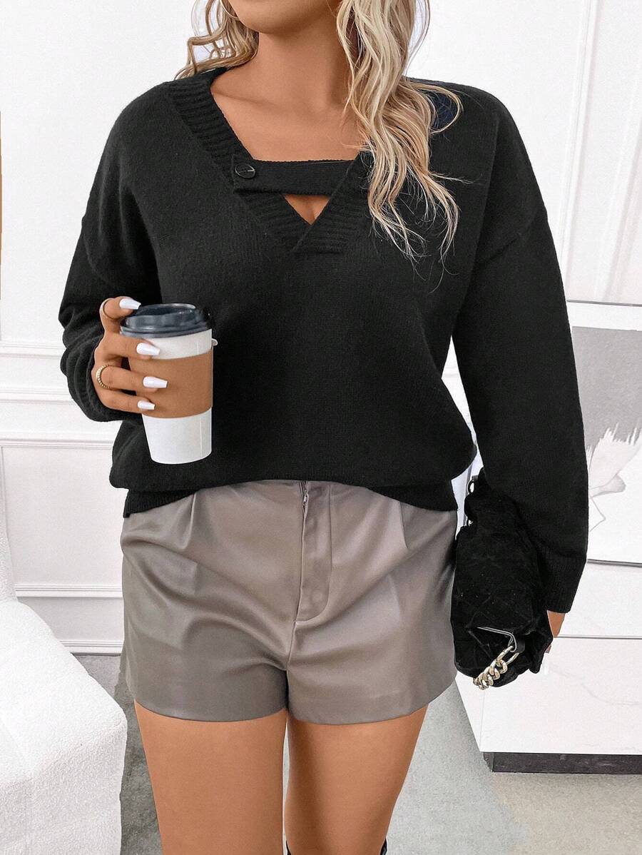 SHEIN LUNE Plus Cut Out Drop Shoulder Sweater Knit Pullover Fall Winter Sweater - Black - View 1