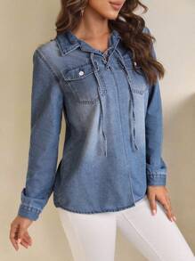 SHEIN LUNE Camisa mezclilla con cordón delantero con bolsillo con solapa - Azul - Ver 4