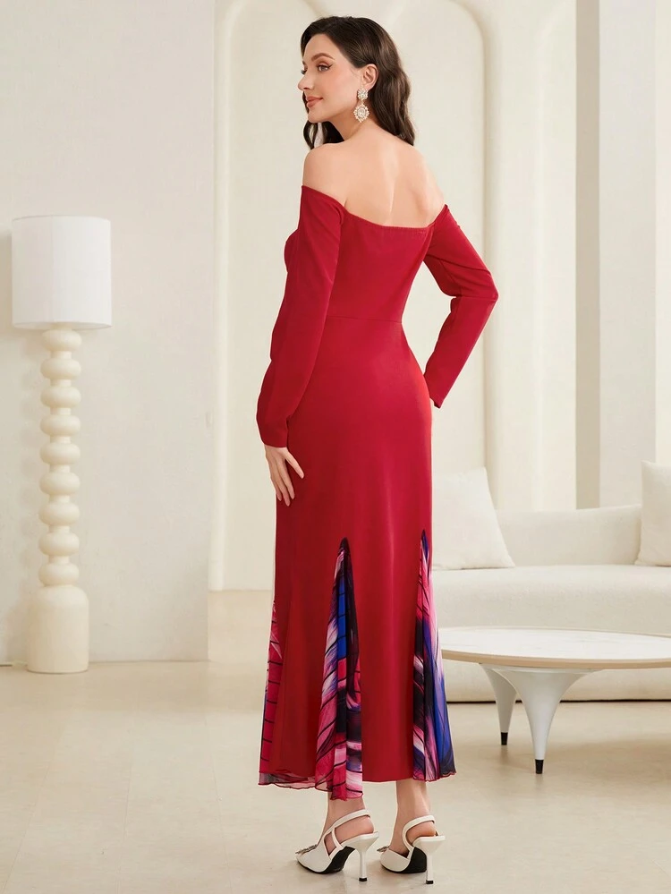 Off Shoulder Colorblock Mermaid Hem Dress