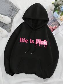 SHEIN EZwear 字母圖案袋鼠口袋抽繩保暖連帽衫 - 黑色 - 查看 1