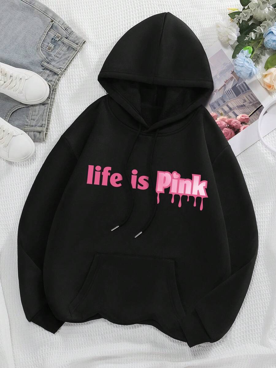 SHEIN EZwear 字母圖案袋鼠口袋抽繩保暖連帽衫 - 黑色 - 查看 1