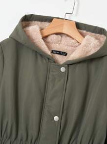 SHEIN LUNE 彈性腰帶連帽毛絨內襯外套 - 軍綠色 - 查看 3