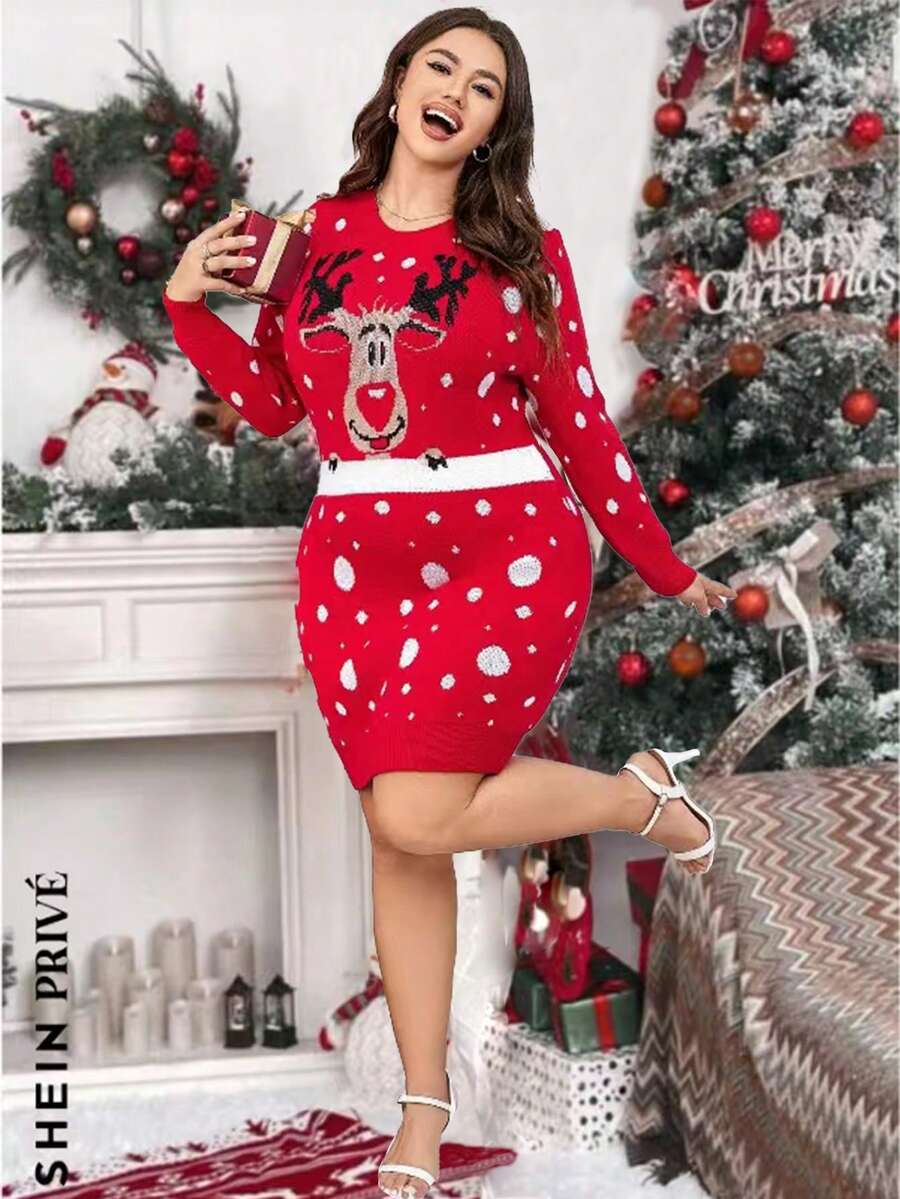 SHEIN Clasi Plus Christmas Pattern Sweater Dress - Red - View 1
