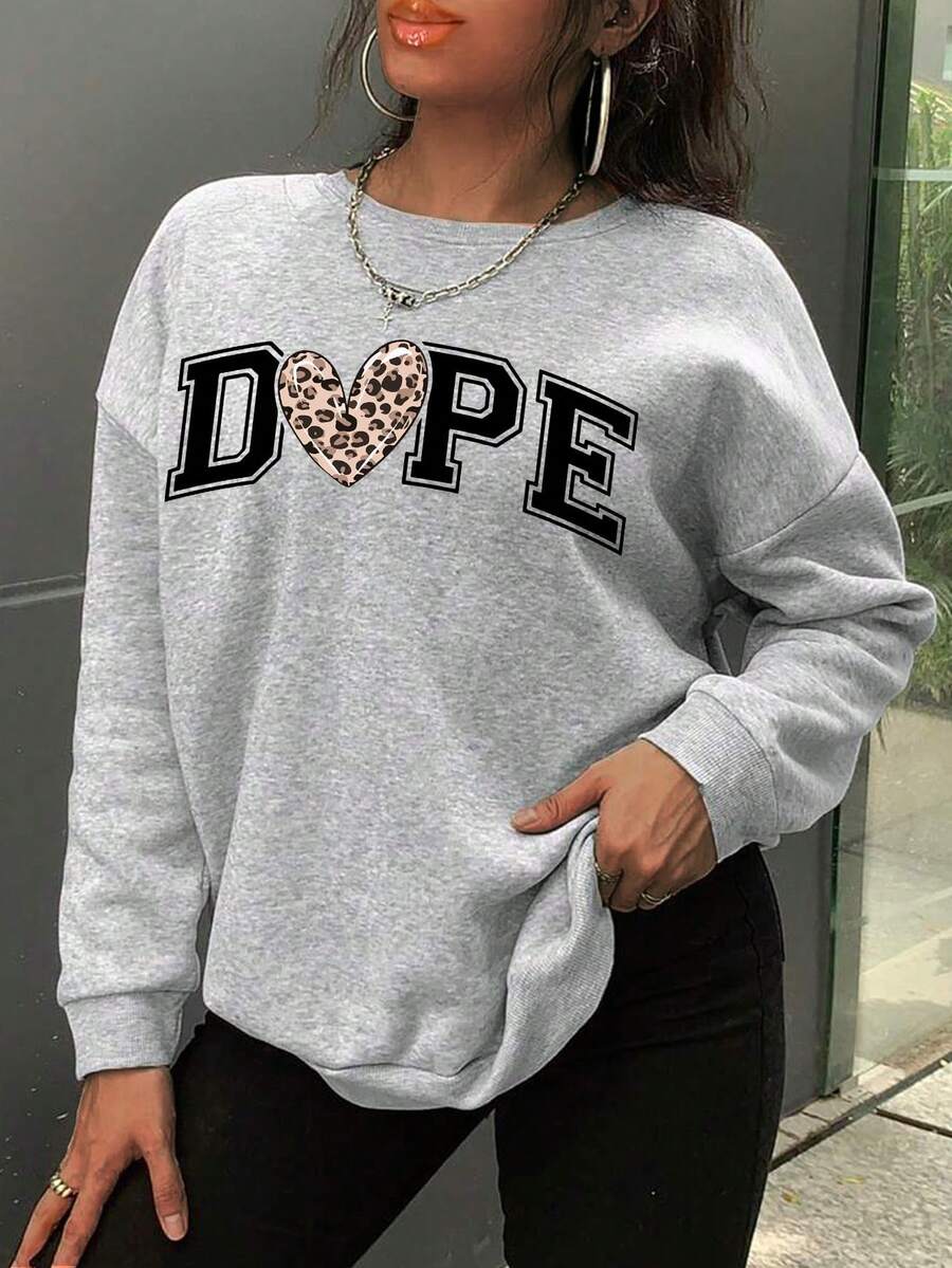 SHEIN EZwear 字母和心形印花下垂肩運動衫 - 黑色 - 查看 1