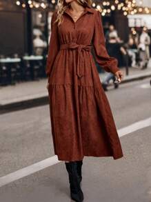 SHEIN Clasi 素色腰帶襯衫洋裝 - 咖啡棕 - 查看 6