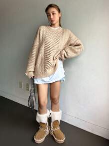Dazy Star 1pc Solid Cable Knit Drop Shoulder Sweater Fall - Apricot - View 5
