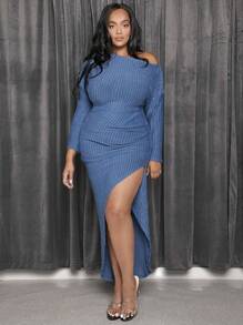 SHEIN SXY Große Größe Kleid mit asymmetrischem Kragen, Schlitz, Rippenstrick - Blau - Übersicht 1