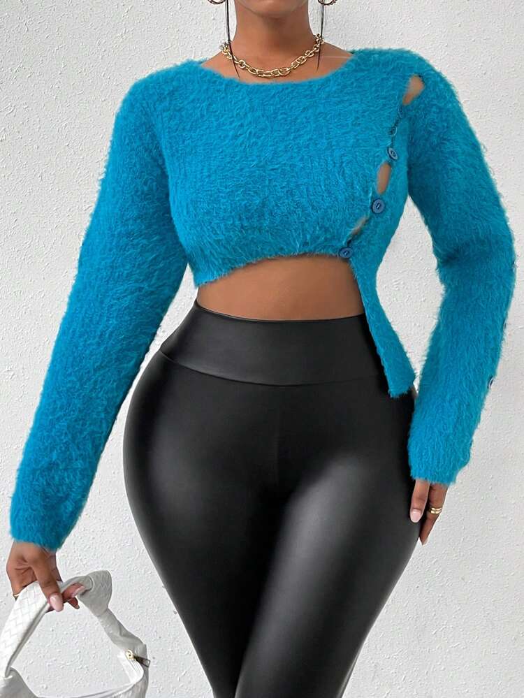 Cut Out Button Detail Asymmetrical Hem Crop Knit Pullover Fall Winter Sweater