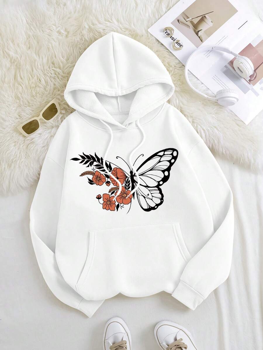 SHEIN EZwear Bướm & hoa in Túi kangaroo Dây rút Áo hoodie ấm áp - trắng - Xem 1