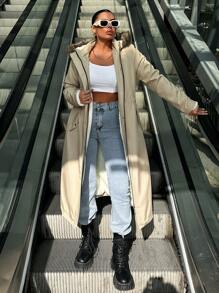 EURMUSE Drawstring Waist Fuzzy Trim Hooded Coat - Beige - View 4