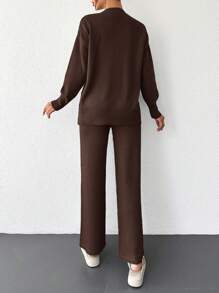 EURMUSE Women's Pure Color Round Neck Drop Shoulder Sweater & Pants Two Piece Set - Coffee Brown - View 2