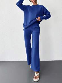 SHEIN Cottnline Women's Solid Color Round Neck Drop Shoulder Sweater And Straight Leg Pants Set - Royal Blue - View 6