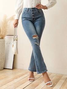 SHEIN LUNE Button Fly Ripped Flare Leg Jeans