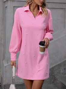 SHEIN Clasi 珍珠串珠落肩T恤連衣裙 - 粉色 - 查看 6