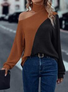 SHEIN LUNE アシンメトリー ネック ドロップショルダー Tシャツ レディースグラフィックトップス ツートーン