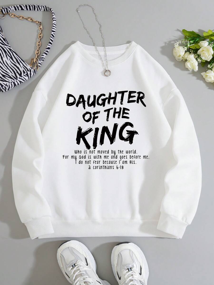 SHEIN EZwear Women's Letter Printed Fleece Sweatshirt - White - View 1