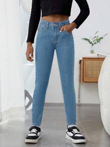 SHEIN Tween Girl All-Match Casual Everyday Minimalist Academic Style Adjustable Elastic Waist High Stretch 5-Pocket Skinny Jeans, With Pockets, Versatile Year-Round Essential Fashion Item