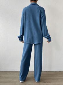 SHEIN EZwear 素色抹胸上衣和褲子&落肩袖襯衫 - 藏蓝色 - 查看 2