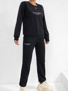 SHEIN EZwear Của phụ nữ Lá thư In Áo nỉ Và Quần thể thao Hai chiếc Bộ - màu đen - Xem 6