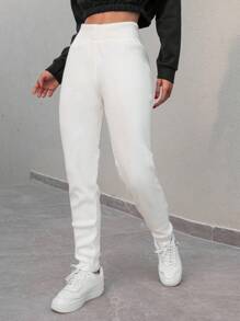 EURMUSE Solid High Waist Knit Pants - White - View 1