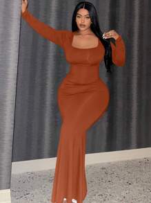 Slaydiva Hơn Cổ vuông Nàng tiên cá Hem Váy bodycon - Màu Cam san hô - Xem 1