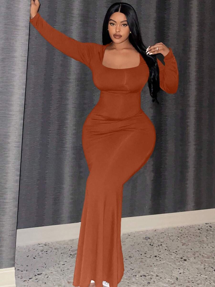 Slaydiva Hơn Cổ vuông Nàng tiên cá Hem Váy bodycon - Màu Cam san hô - Xem 1