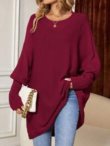 SHEIN Essnce Solid Batwing Sleeve Sweater - Burgundy - View 3