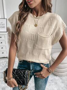 SHEIN LUNE Chất rắn tay cánh Vá Túi Knit ngọn - Màu be - Xem 1
