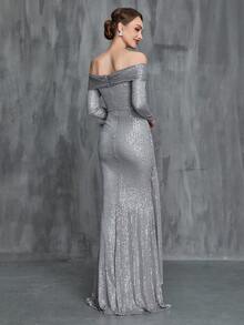 Off Shoulder Kim sa Mẹ của chiếc váy cô dâu - Xám - Xem 2