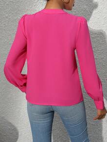 Solid Button Front Puff Sleeve Shirt - Hot Pink - View 2