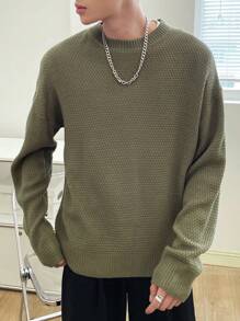 Manfinity Hypemode 鬆身款男士純色下垂肩毛衣 - 軍綠色 - 查看 1