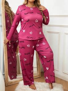 Plus Heart & Eyelash Print PJ Set - Hot Pink - View 4