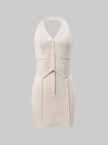 SHEIN Unity 前紐扣繞頸露背馬甲西裝外套&半身裙 - 杏色 - 查看 1