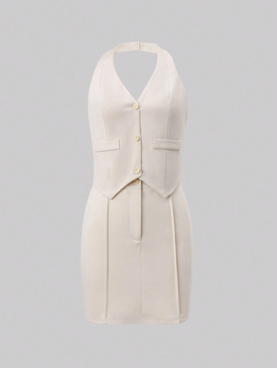 SHEIN Unity 前紐扣繞頸露背馬甲西裝外套&半身裙 - 杏色 - 查看 1