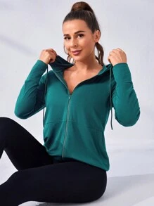 SHEIN Daily&Casual Dây kéo Dây rút áo có mũ Jacket thể thao - màu xanh lá - Xem 3