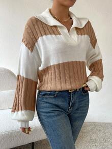 SHEIN Essnce Two Tone Cable Knit Drop Shoulder Sweater - Khaki - View 5