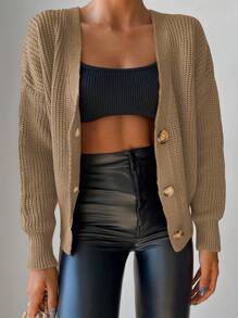 Solid Color Drop Shoulder Button Up Cardigan With Shirt Collar - Camel - View 5