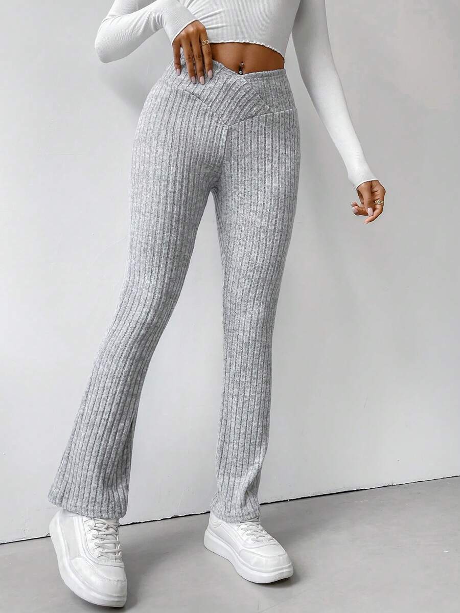 SHEIN Essnce 素色喇叭條紋針織長褲 - 灰色 - 查看 1