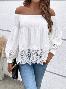 SHEIN Privé 女士露肩蕾絲下擺上衣 - 白色 - 查看 1