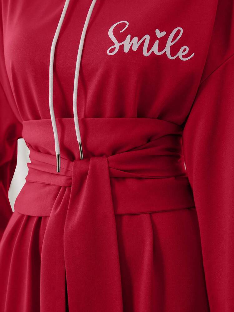 Burgundy Red Letter Graphic Drop Shoulder Belted Hooded Dress