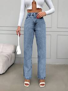 EURMUSE Women's Flare-leg Jeans With Split Hem - Blue - View 4