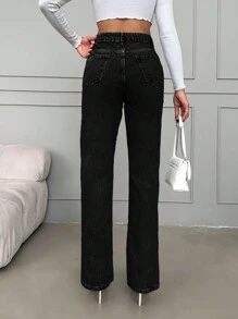 EURMUSE Women's Straight Leg Jeans With Slit Hem - Black - View 2