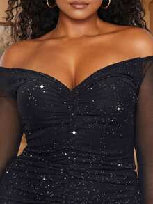 Talla grande Vestido ajustado de hombros descubiertos fruncido - Negro - Ver 4