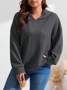 SHEIN LUNE Plus Size Cable Knit Drop Shoulder Sweatshirt - Dark Grey - View 5